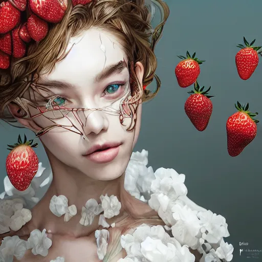 Prompt: the portrait of an absurdly beautiful, graceful, elegant, sophisticated, fashionable young fitness model made of strawberries and white petals, an ultrafine hyperdetailed illustration by kim jung gi, irakli nadar, intricate linework, bright colors, octopath traveler, final fantasy, unreal engine 5 highly rendered, global illumination, radiant light, detailed and intricate environment