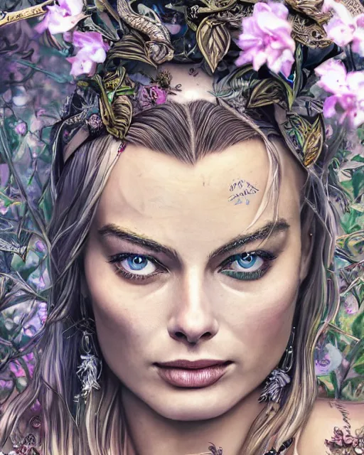 Prompt: Margot robbie as a beautiful tattooed female maid wearing a magical bikini in a magical forest, highly detailed face, realistic face, beautiful detailed eyes, piercing gaze, fantasy art, in the style of artgerm, illustration, epic, fantasy, intricate, hyper detailed, artstation, concept art, smooth, sharp focus, ray tracing, vibrant, photorealistic