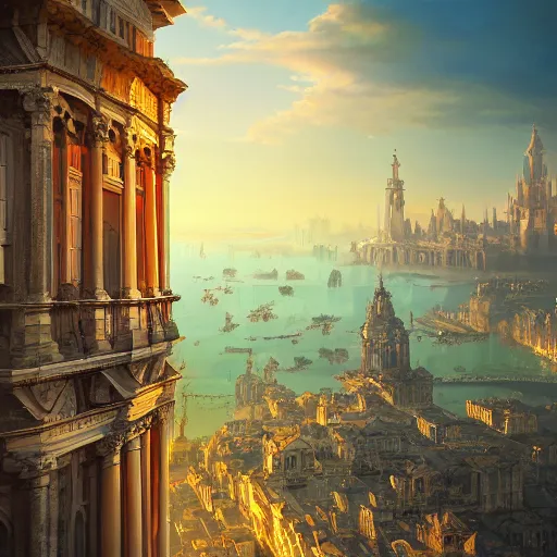 Prompt: magnificent baroque city floating in the sky, beautiful, surreal, highly detailed, sharp focus, sunset, by artgerm, cgsociety