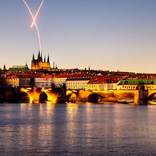 Prompt: a falcon 9 rocket launching from a river platform on Vltava river at sunset , background is the skyline of Prague castle, Charles bridge in the foreground, artistic photo