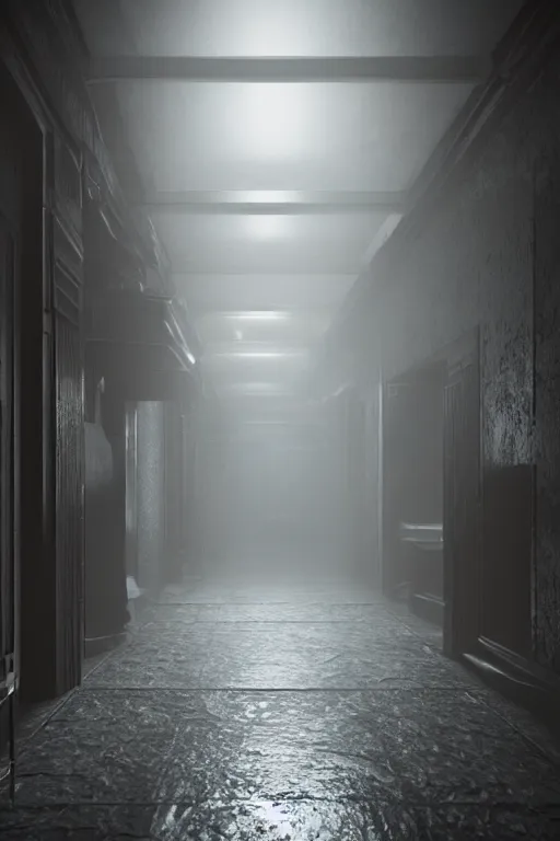 Image similar to pitch black hallways and corridors like a giant body, dark, moody, hyper-realistic environment,Epic concept art. bokeh, Octane render and Unreal Engine