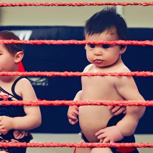 Image similar to babies pro wrestling in the wwe, 4 k, photorealistic