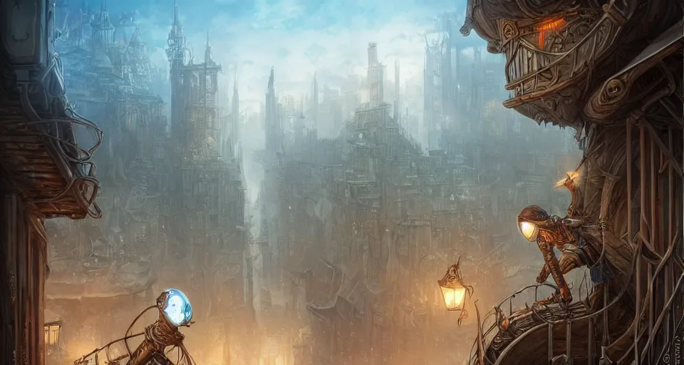 Prompt: landscape painting of fantasy metal steampunk city that has a light blue glow with walkways and lit windows and a fine detailed hooded thief in browns leathers climbing one of the tall buildings using a rope, fine details, magali villeneuve, artgerm, rutkowski