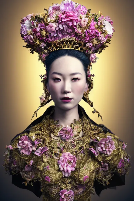 Image similar to a beautiful empress portrait, with a brilliant, impossible striking big flower headpiece, clothes entirely made out of flowers, symmetrical, dramatic studio lighting, beauty dish, rococo, baroque, jewels, asian, hyperrealism, closeup, D&D, fantasy, intricate, elegant, highly detailed, digital painting, artstation, octane render, 8k, concept art, matte, sharp focus, illustration, art by Artgerm and Greg Rutkowski and Alphonse Mucha