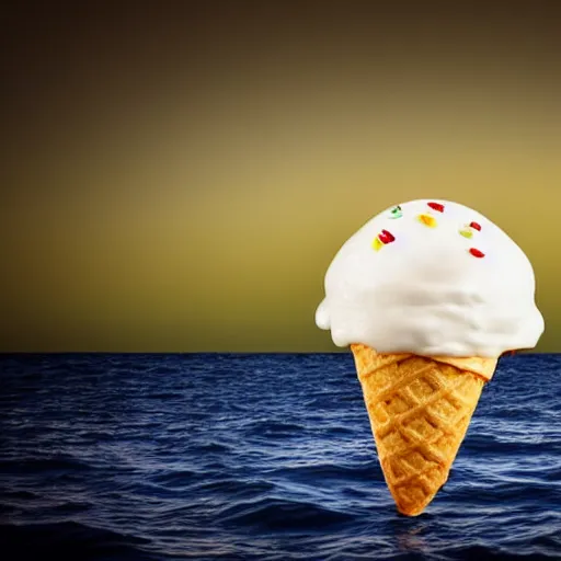 Prompt: a detailed photograph of a levitating ice cream cone growing out of a hamburger hovering over the ocean