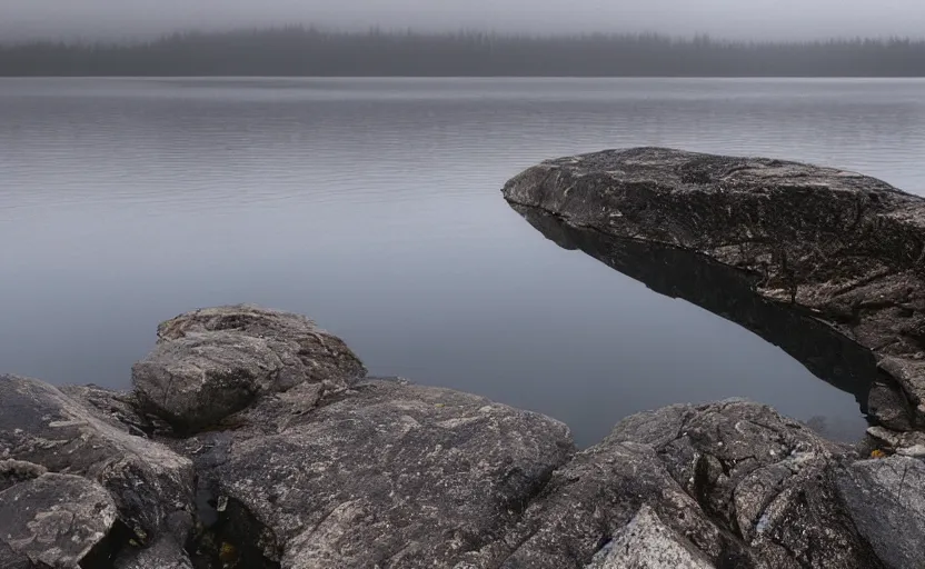 Prompt: extreme low angle camera lens partially submerged in water showing the surface of a lake with a rocky lake shore in the foreground, scene from a film directed by charlie kaufman ( 2 0 0 1 ), foggy volumetric light morning, extremely moody, cinematic shot on anamorphic lenses