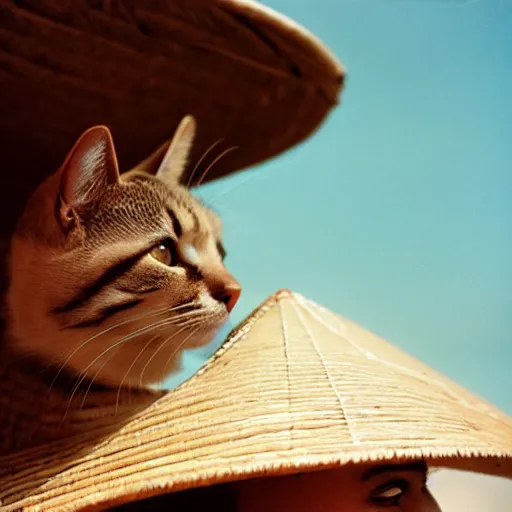 Image similar to A closeup film photography of a cat wearing vietnamese straw hat, photo bySlim Aarons, award winning, 4K