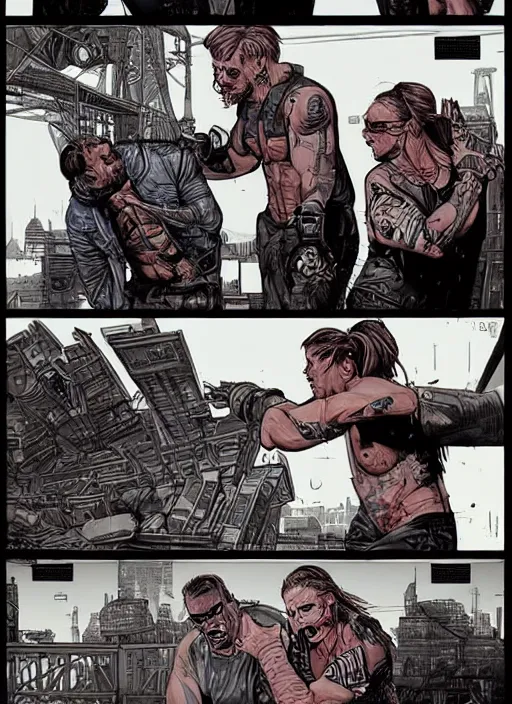 Prompt: Dumb Bubba. Buff cyberpunk meathead getting punched. Realistic Proportions. Concept art by James Gurney and Laurie Greasley. Moody Industrial setting. ArtstationHQ. Creative character design for cyberpunk 2077.