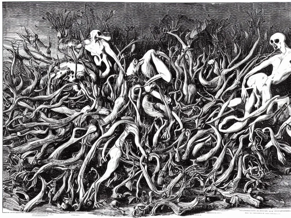 Image similar to the vision of death reaping the souls of mushrooms. Fine art engraving by Gustavo dore. 1868.