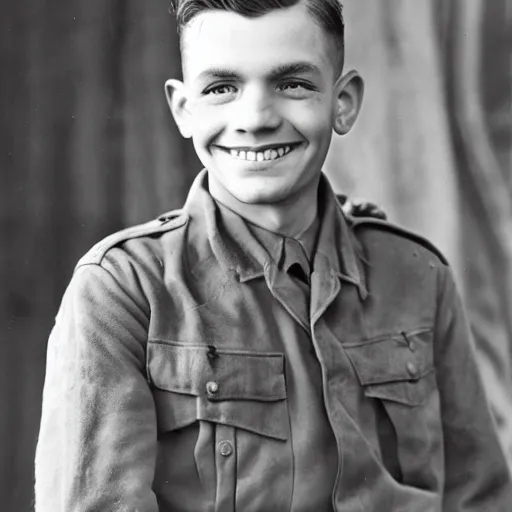 Prompt: A ww2 American soldier smilling for the camera, 1940 photography