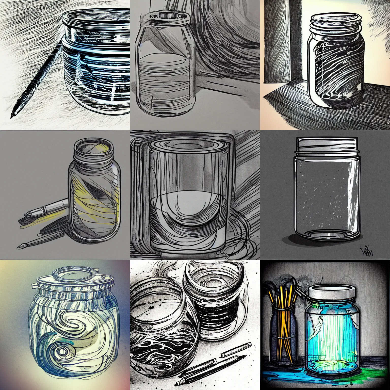 Prompt: sketch of technical pen and glass canning jar of swirling ink shimmering on a desk, dramatic afternoon lighting, spattered, muted colors, heavy metal, by moebius