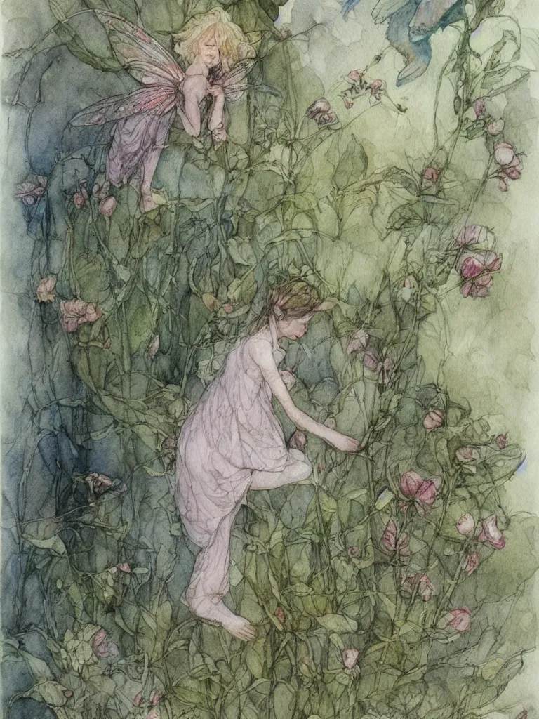 Image similar to annotated study of a flower fairy, illustration, watercolor, alan lee, detailed, pretty, ethereal,