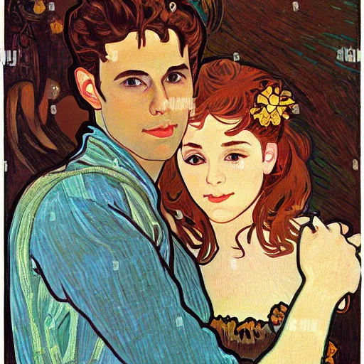 Image similar to painting of handsome young delicate beautiful jeffrey in his 2 0 s with brown hair and gorgeous rina together at the jack o'lantern halloween party holding pumpkins, elegant, clear, painting, stylized, art, art by alphonse mucha, vincent van gogh, egon schiele,