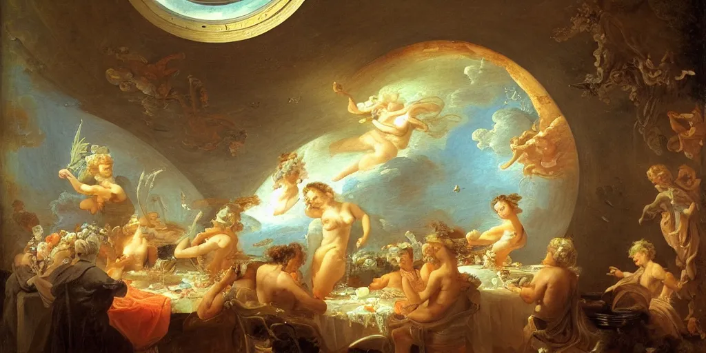 Image similar to Eating hot pot in the space station with Saturn outside the round window, in style of Jean-Honore Fragonard, surrealist