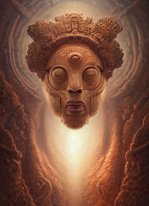 Image similar to Helmet of a forgotten Mayan Deity, ivory, corals, extremly detailed digital painting, in the style of Tomasz Alen Kopera and Fenghua Zhong and jeremy lipking and Peter Mohrbacher, mystical colors, rim light, beautiful lighting, 8k, stunning scene, raytracing, octane, trending on artstation