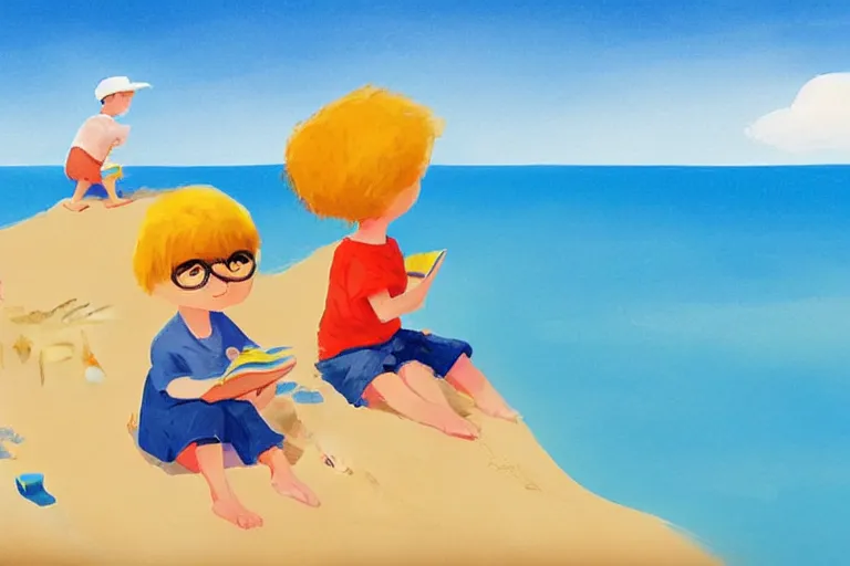 Prompt: Two children sitting on the beach making sandcastles, blue sky, artstation, children's book, HD, by Benji Davies
