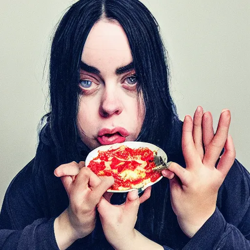 Image similar to morbidly obese billie eilish doing mukbang on video