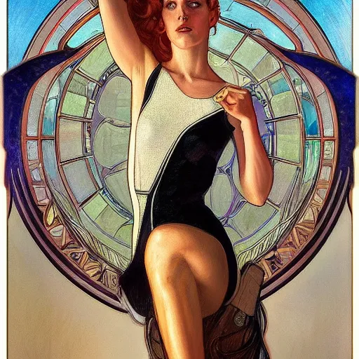 Image similar to a streamline moderne painting in the style of donato giancola, and in the style of charlie bowater, and in the style of alphonse mucha. symmetry, smooth, sharp focus, semi - realism, intricate detail.