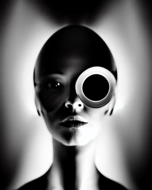 Image similar to black and white high quality photo of a beautiful female AI vegetal-cyborg looking into a sci-fi mirror, volumetric lighting, liminal space, brutalism, foggy, dreamy, hyperdetailed, bokeh, photorealistic, cinematic, masterpiece, Metropolis, elegant, dark, by Man Ray in the style of Horst P. Horst, octane render, 8K,