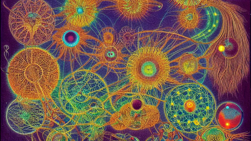 Prompt: quantum connections represented as symbiotic organisms like cells playing around with colorful lights by ernst haeckel, very very very good