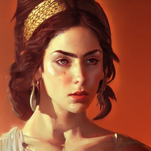 Image similar to Portrait of a Greek Woman in Hellenic dress, oil painting by Cedric Peyravernay, highly detailed, cinematic concept art, dramatic lighting, trending on Artstation