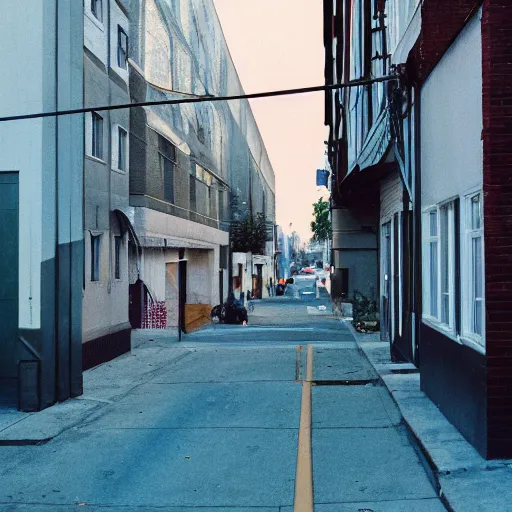 Image similar to now we creep through streets every night, through the windows, leaning out the sides. colored gel lighting, portra, film grain, 2 5 mm, anamorphic, downtown oakland. photographed by grant spanier for i - d.