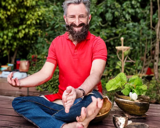 Image similar to mr robert is drinking fresh tea, smoke pot and meditate in a garden from spiral mug, detailed smiled face, short beard, golden hour closeup photo, red elegant shirt