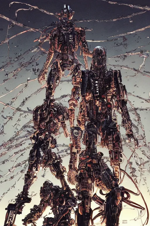 Image similar to cyborg bounty hunters at dusk, a color cover illustration by tsutomu nihei, tetsuo hara and katsuhiro otomo