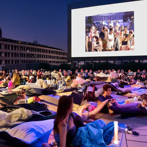 Image similar to the mq's film festival frameout shows films from predominantly domestic production on a summer outdoor cinema screen in the courtyard of the museumsquartier vienna