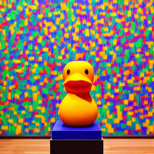 Image similar to one photorealistic rubber duck in foreground on a pedestal in an art gallery, the walls are covered with colorful geometric wall paintings in the style of sol lewitt, tall arched stone doorways.