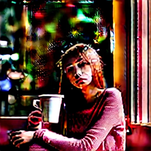 Prompt: beautiful mysterious coffee shop girl, sitting across the room, drinking a strawberry iced latte, dim light, dusk, moody lighting, real photo, real camera, amazing quality, 8 k
