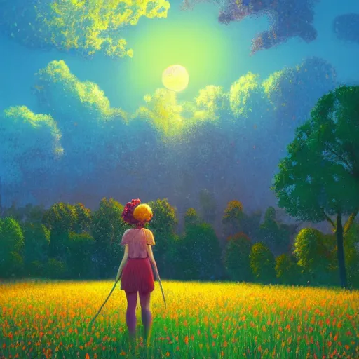 Image similar to girl with one flower head, in a field with flowers, hills, big trees, sunrise dramatic light, impressionist painting, colorful clouds, digital painting, pointillism, artstation, simon stalenhag