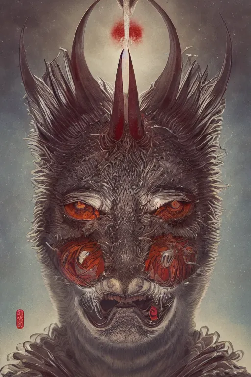 Prompt: a portrait of a symmetrical japanese devil animal illustrated by miyazaki by karol bak, james jean, tom bagshaw, rococo, sharp focus, trending on artstation, cinematic lighting, hyper realism, octane render, 8 k, hyper detailed, vivid, ultra detailed, highly detailed