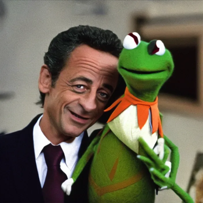 Prompt: movie still of Nicolas Sarkozy with kermit caught on camera, heavy grainy picture cinemastill 800t 70s movie 18mm