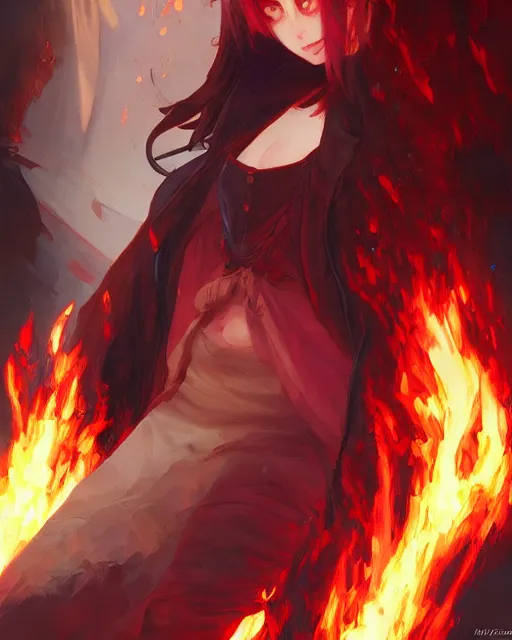 Image similar to red eyed anime girl, flames everywhere, highly detailed, digital painting, artstation, concept art, smooth, sharp focus, illustration, art by artgerm and greg rutkowski and alphonse mucha