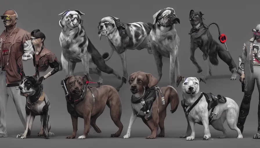 Image similar to a group of lawbreaking dogs trying to look smart, cyberpunk art by yumihiko amano, cgsociety, figurative art, toonami, zbrush, official art