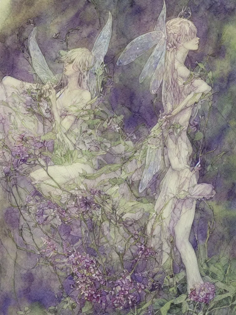 Image similar to study of a flower fairy, illustration, watercolor, alan lee, detailed, pretty, ethereal,