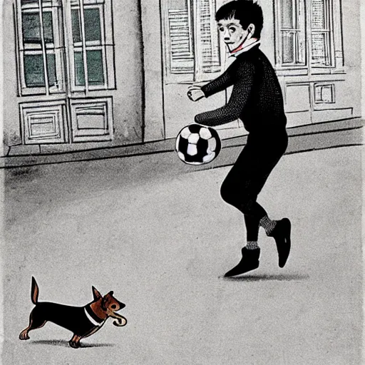 Image similar to book illustration of a french boy on the streets of paris playing football against a corgi, the dog is wearing a polka dot scarf, 1 9 6 6