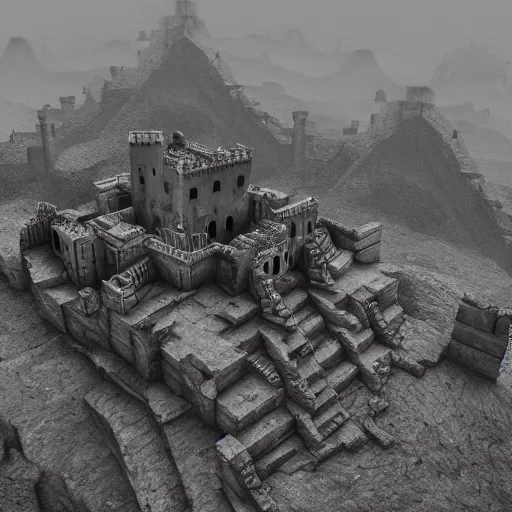 Image similar to a detailed illustration of the fortress at the end of time, viewed in profile and from far away, ultrawide lens, art by m. c. escher, volumetric lighting, octane render, 4 k resolution, trending on artstation, masterpiece,