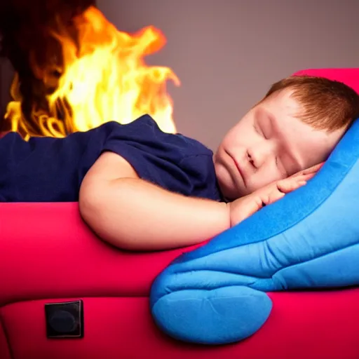 Prompt: small firefighter sleeping on a blue reclining chair