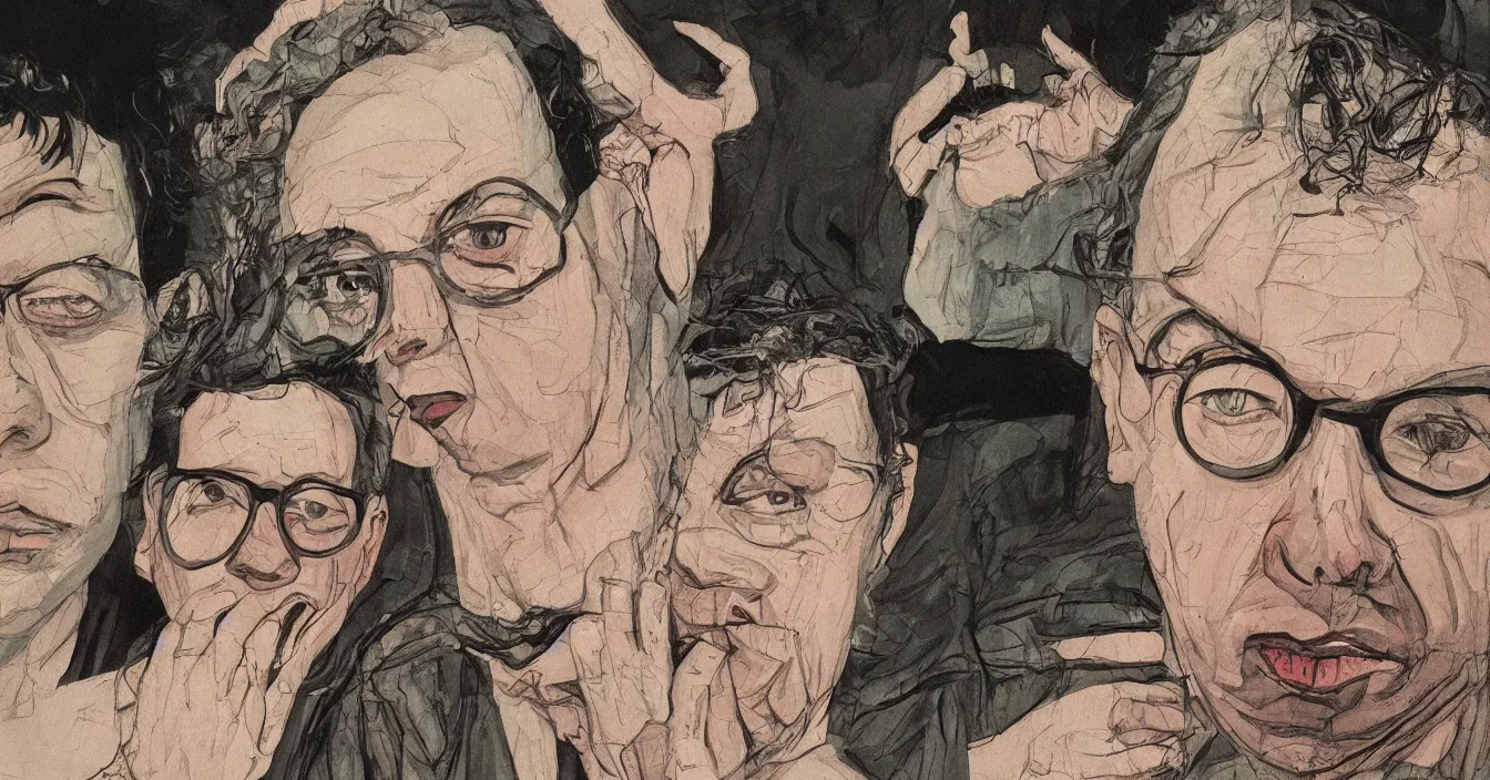 Prompt: todd solondz, high quality high detail graphic novel of todd solondz, clear sharp face of todd solondz, night, by lucian freud and gregory crewdson and francis bacon,