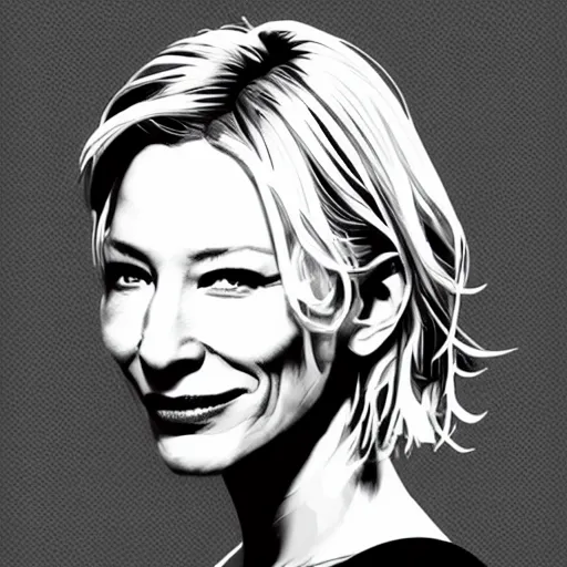 Image similar to a simplified black and white vector based illustration of cate blanchett, created in Adobe illustrator, black ink shading on white background, smooth vector curves, vinyl cut ready