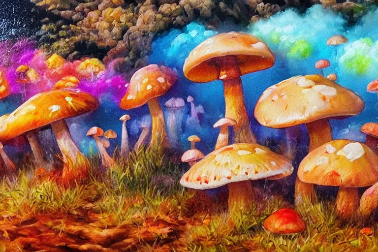 Image similar to highly detailed oil painting of a mushroom lizard in a steaming colorful hotspring, featured on artstation