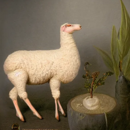 Prompt: the vegetable lamb of tartary, agnus vegetabilis, agnus tartaricus, legendary creature with the body of a lamb attached to a plant stem, cryptid photography, dynamic lighting, ultra detailed