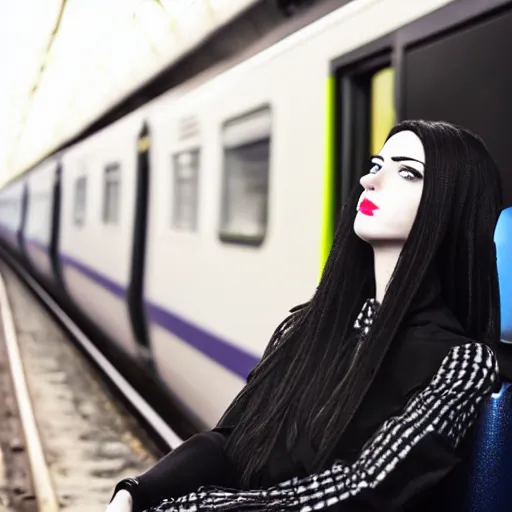 Prompt: slim goth girl sitting on a southern rail train, super realistic, perfect lighting, detailed, high contrast, bokeh