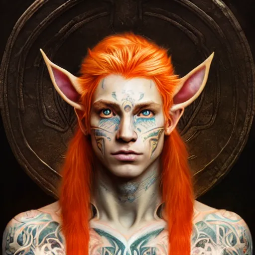 Image similar to portrait painting of an elven male teen with short light orange hair and tribal tattoos on his face wearing fur armor, ultra realistic, concept art, intricate details, eerie, highly detailed, photorealistic, octane render, 8 k, unreal engine. art by artgerm and greg rutkowski and charlie bowater and magali villeneuve and alphonse mucha