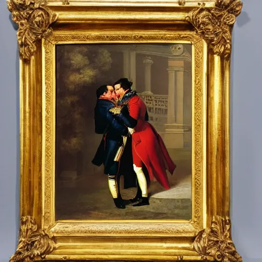 Prompt: a 19th century painting of Napoleon Bonaparte passionately French-kissing the Duke of Wellington, romantic, love