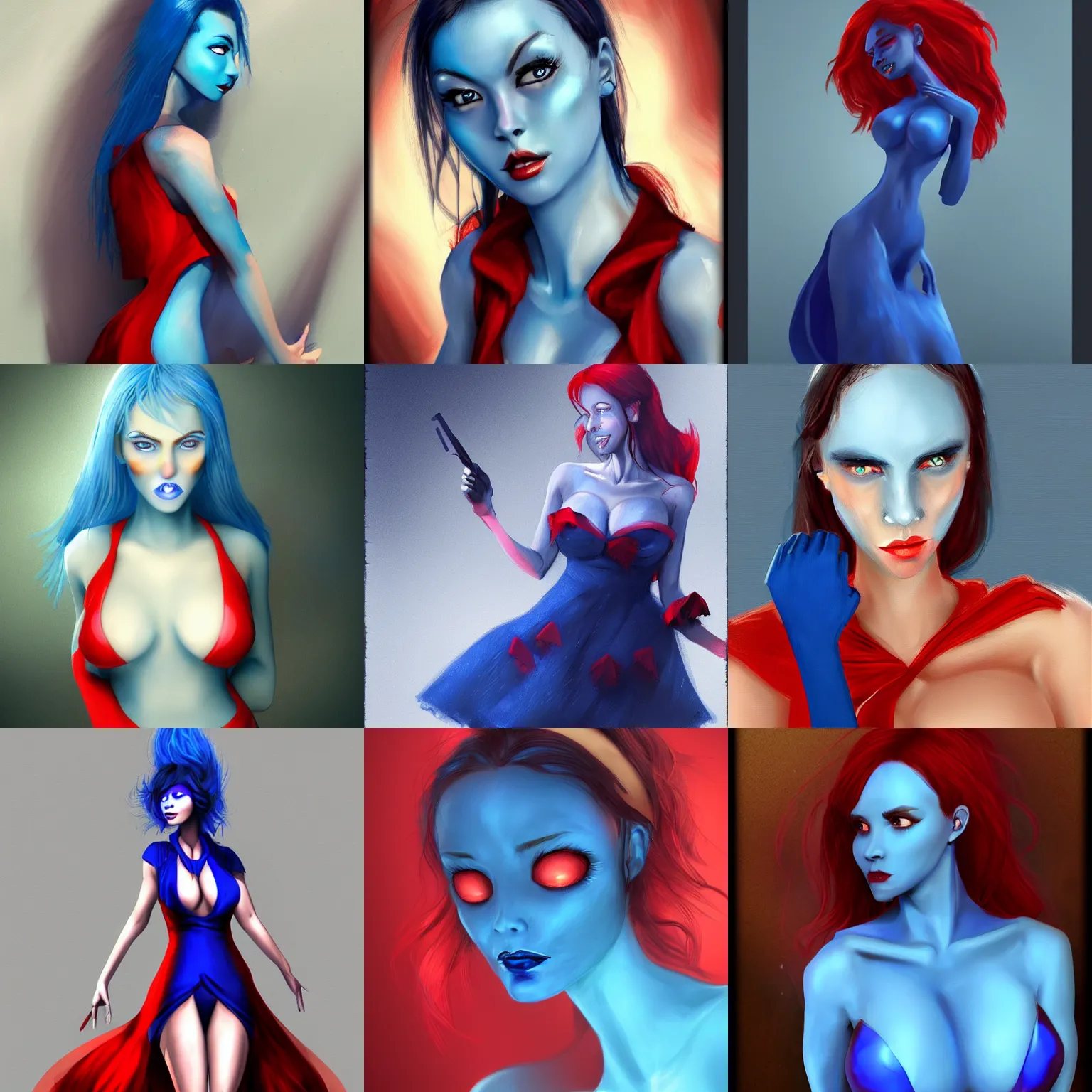 Prompt: woman with blue skin, wearing a red dress, fantasy art, artstation