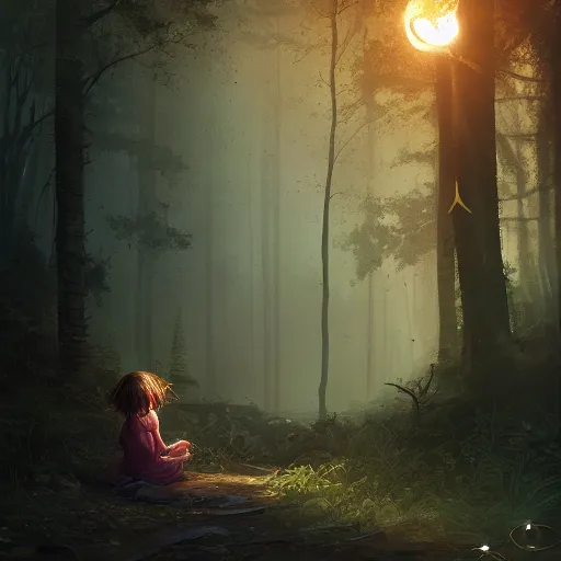 Prompt: a young girl lost in the woods encounters a gigantic glowing golden manifestation of the spirit of the forest at night. Jordan Grimmer. Geoffroy Thoorens.