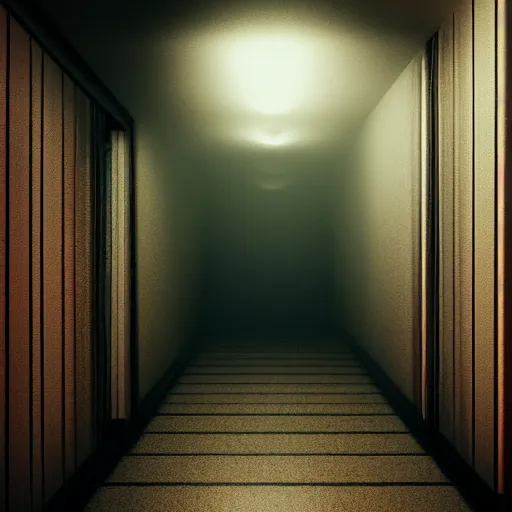 Image similar to photograph of an extremely dark narrow hallway with glowing humanoid monster made out of tv static, dark deep black shadows, red and black color contrast in the style of trevor henderson, liminal space, 3 d octane render, glitch effect